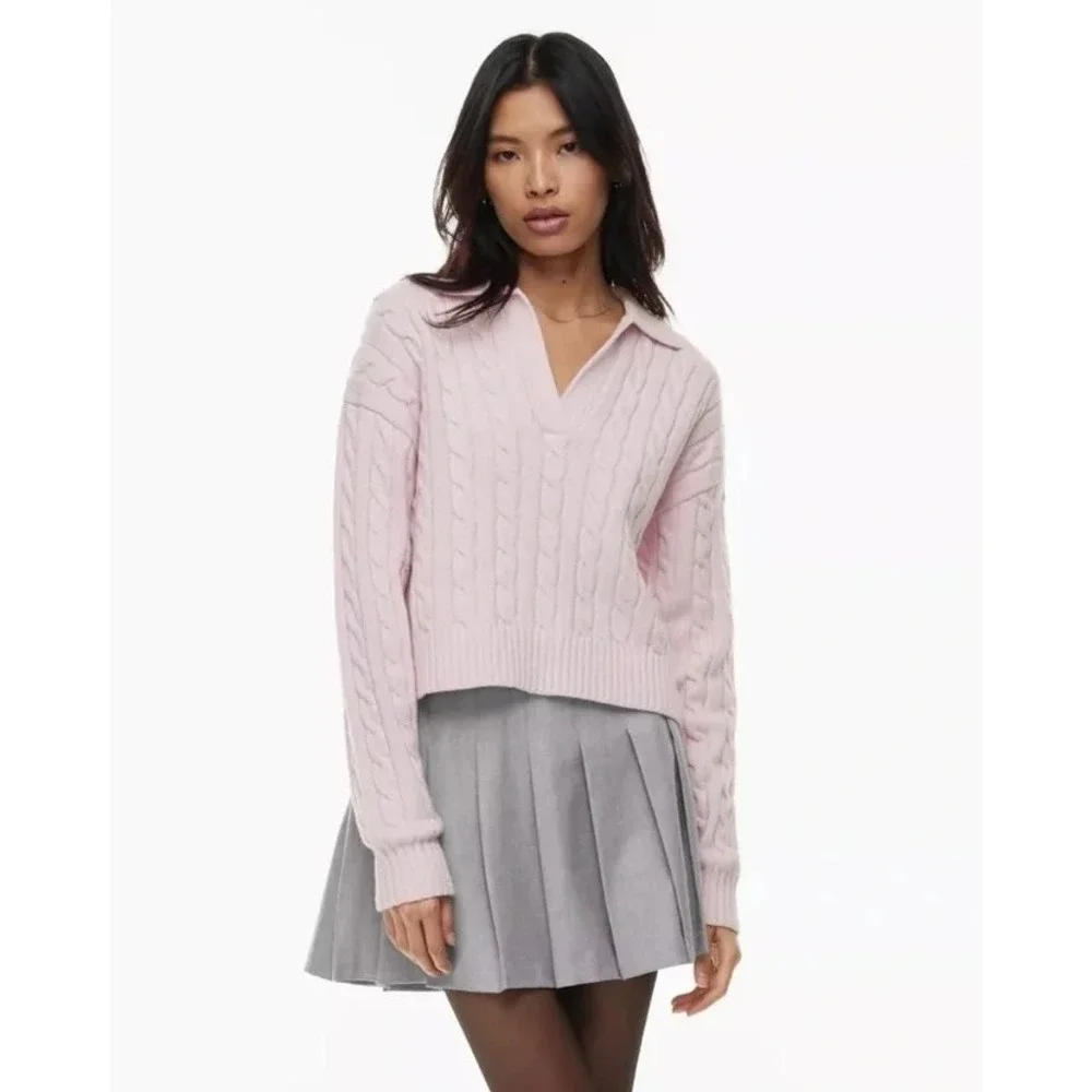 Aritzia Merino Wool Lottie Relaxed Polo Sweater Strawberry Puff Pink M Coquette - Picture 1 of 8
